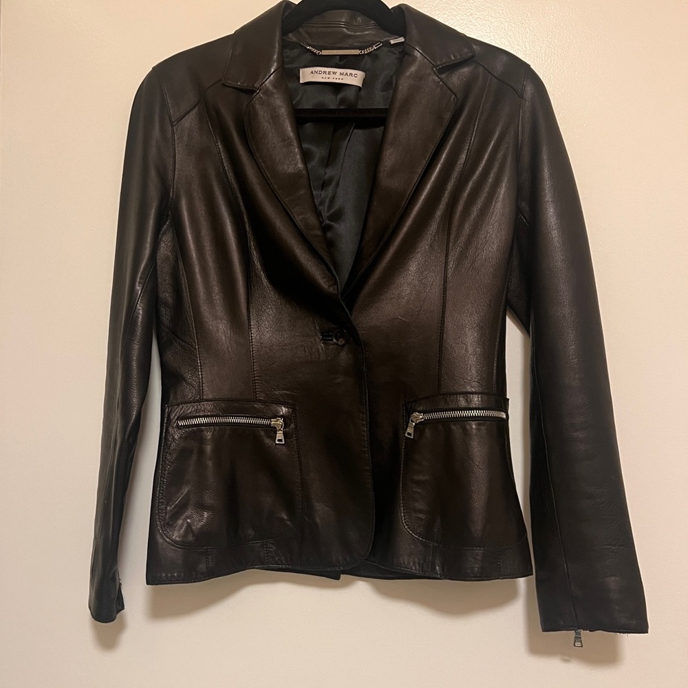 Andrew Marc black leather Jacket size small.